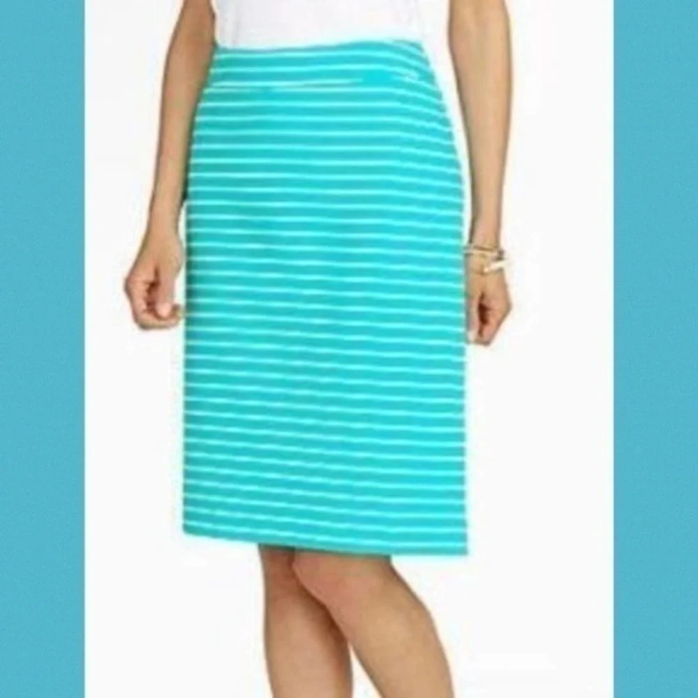 Talbots Aqua & White Striped A-Line Stretchy Skirt With Pockets 2P
